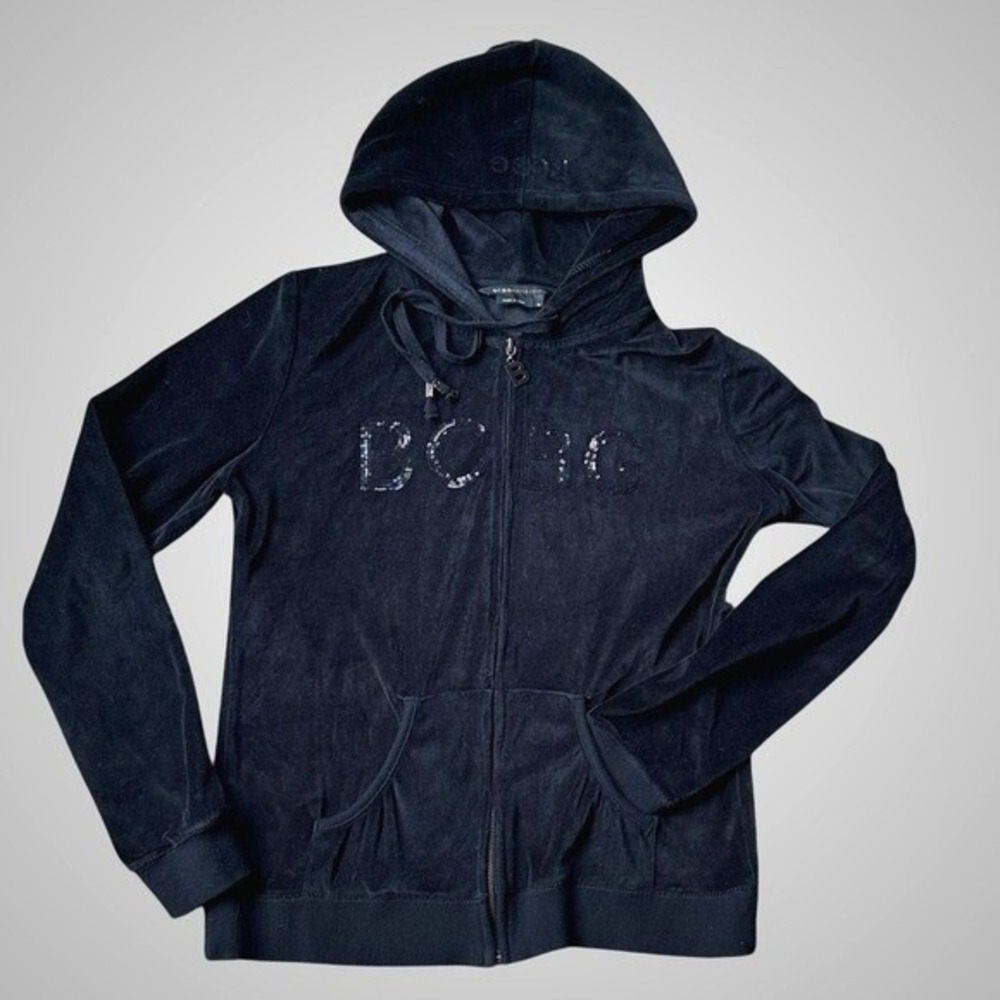 BCBG Max Azria Black Velour‎ Zip Up Hoodie Sequin Logo Casual Comfort Size M